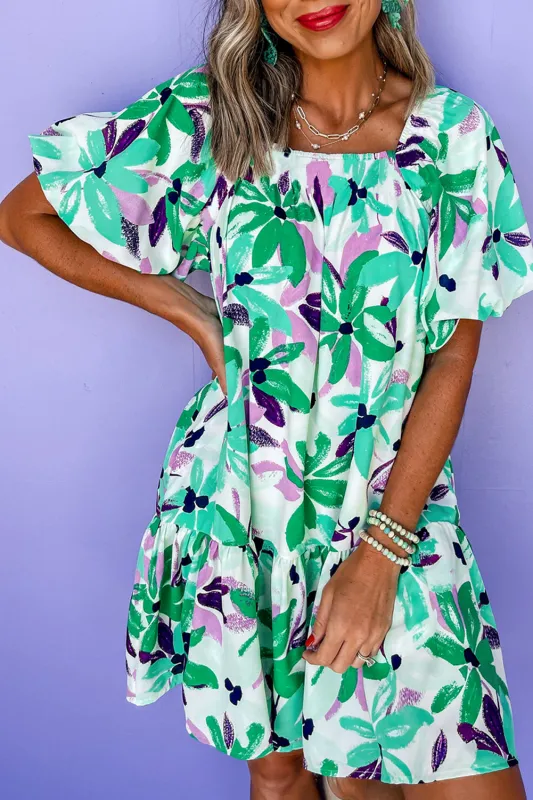 Green Floral Print Shirred Square Neck Loose Fit Mini Dress sold by Beagle Boutique