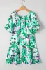 Green Floral Print Shirred Square Neck Loose Fit Mini Dress sold by Beagle Boutique