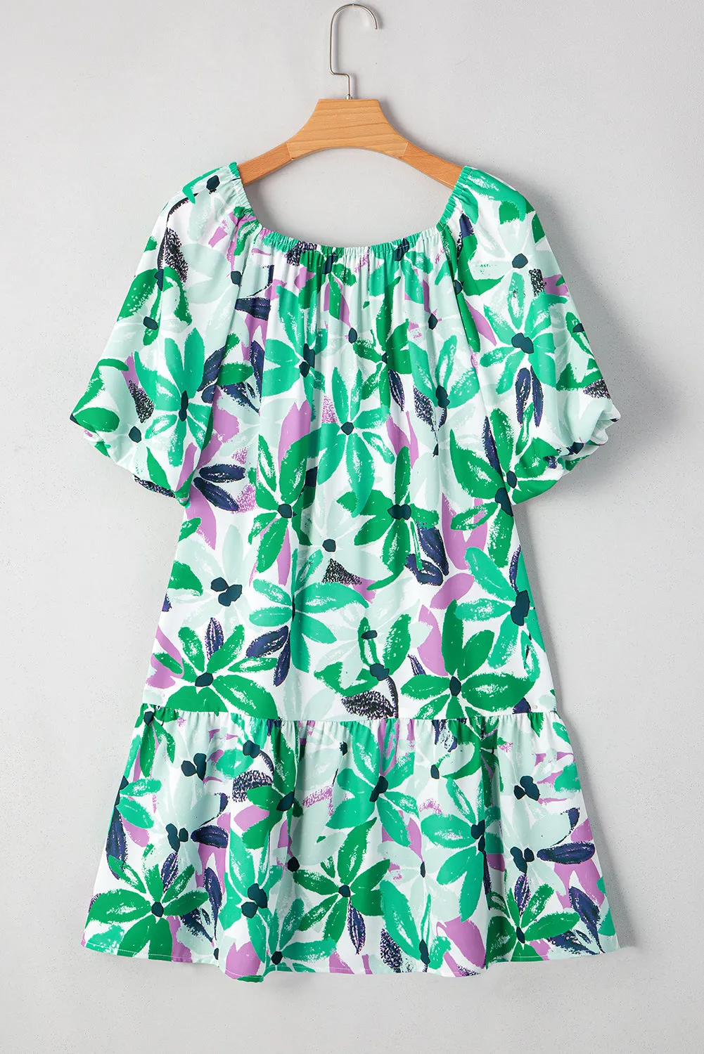 Green Floral Print Shirred Square Neck Loose Fit Mini Dress sold by Beagle Boutique product image thumbnail 5