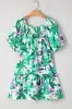 Green Floral Print Shirred Square Neck Loose Fit Mini Dress sold by Beagle Boutique