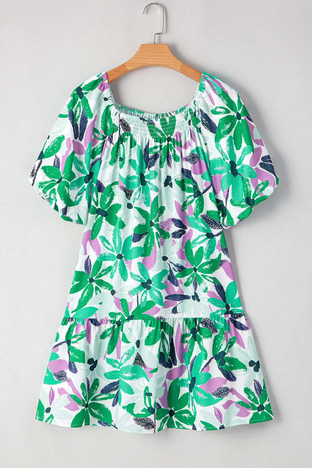 Green Floral Print Shirred Square Neck Loose Fit Mini Dress sold by Beagle Boutique product image thumbnail 4