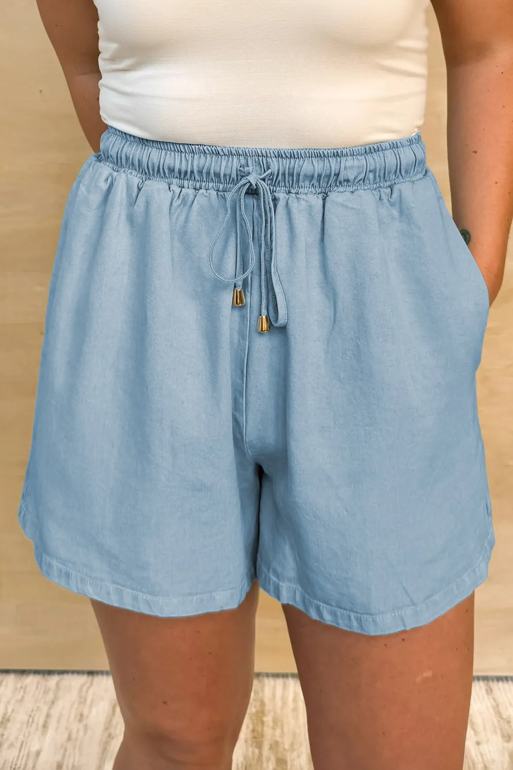 Beau Blue Washed Chambray Drawstring Elastic Waist Plus Size Shorts sold by Beagle Boutique