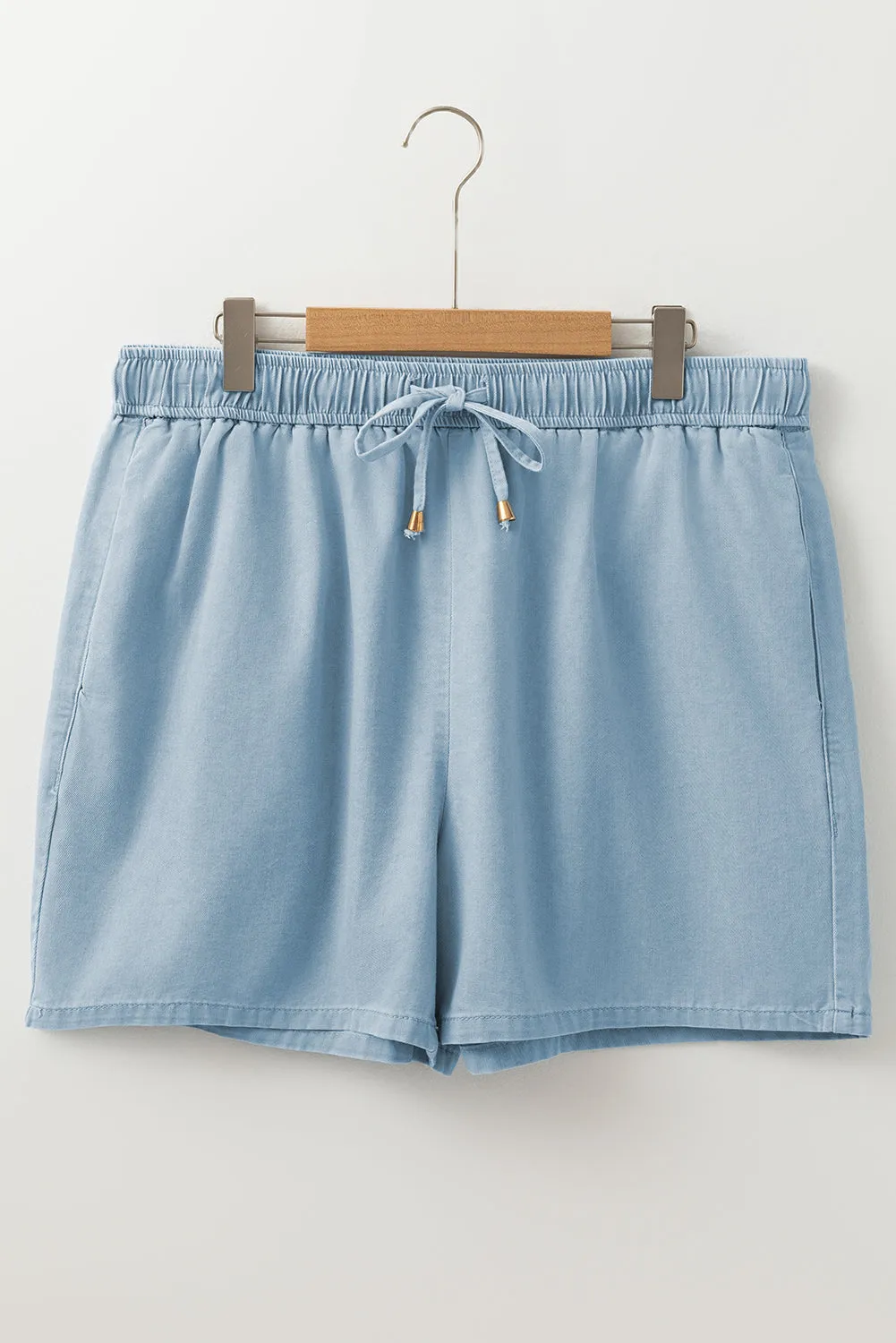Beau Blue Washed Chambray Drawstring Elastic Waist Plus Size Shorts sold by Beagle Boutique product image thumbnail 4