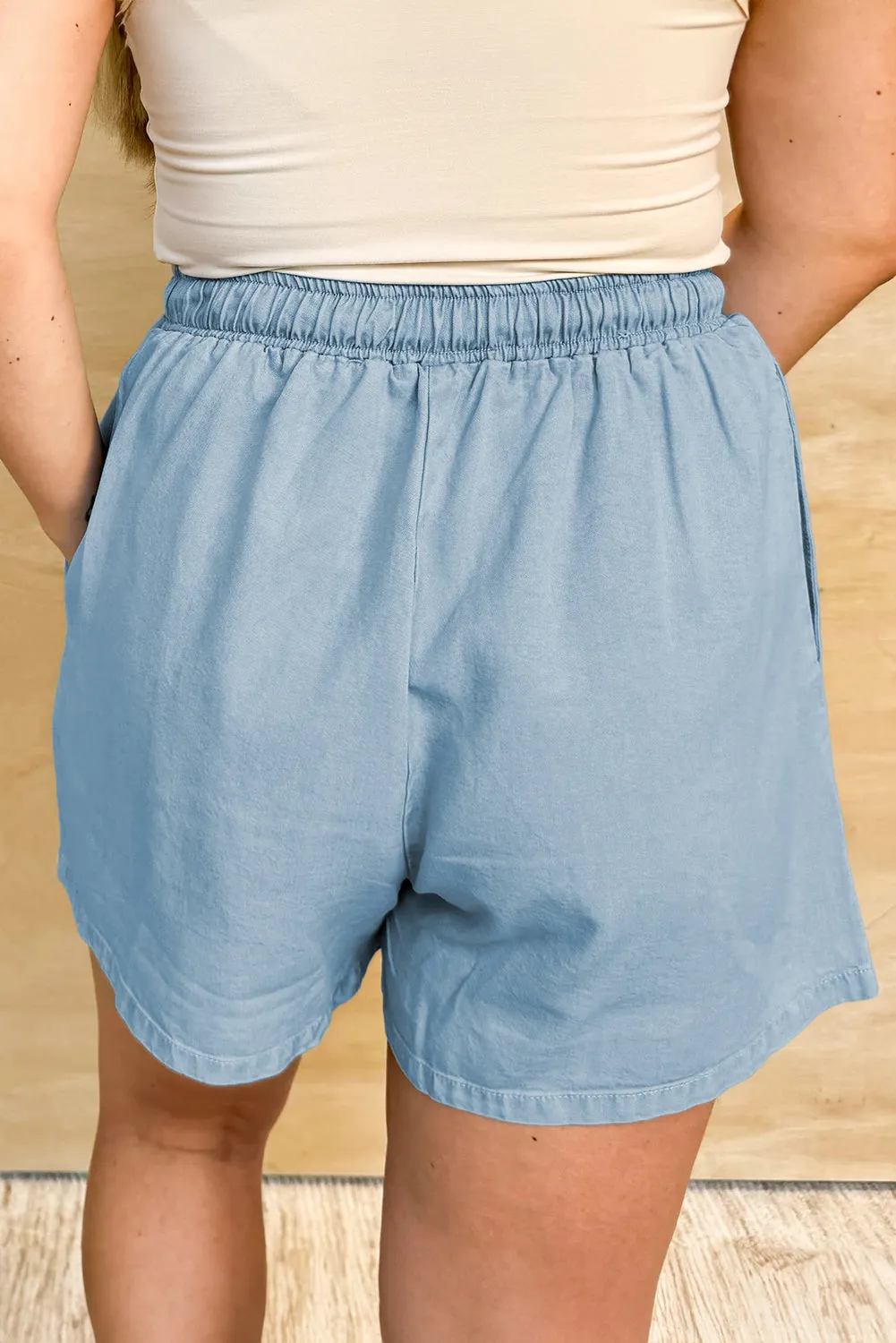 Beau Blue Washed Chambray Drawstring Elastic Waist Plus Size Shorts sold by Beagle Boutique product image thumbnail 2