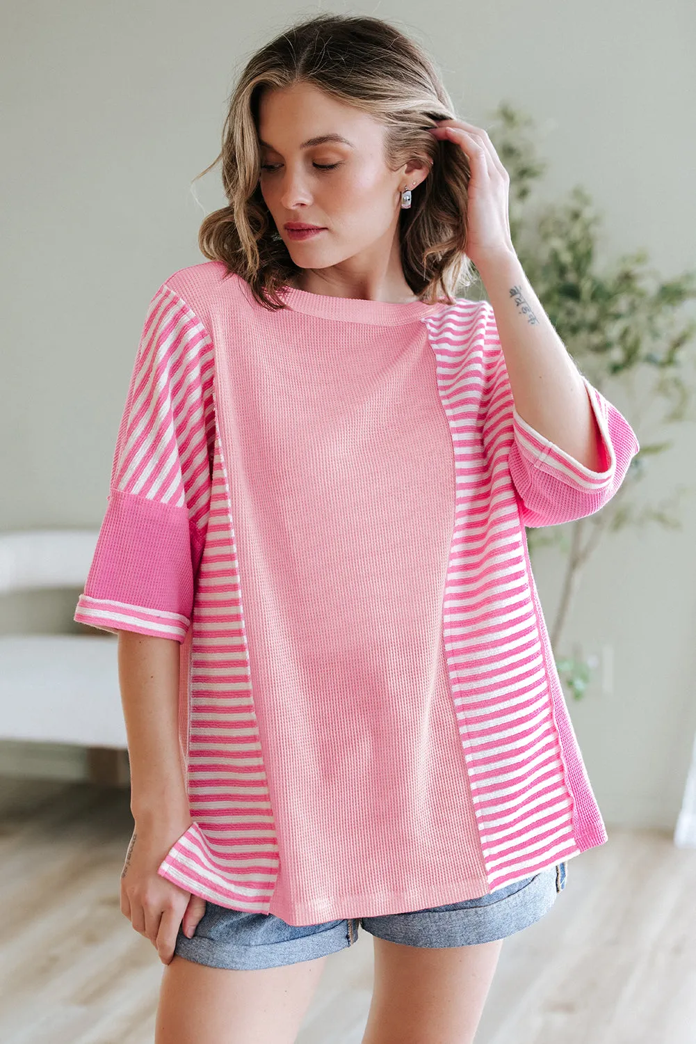 Pink Stripe Colour Block Patchwork Loose Half Sleeve T Shirt sold by Beagle Boutique product image thumbnail 4