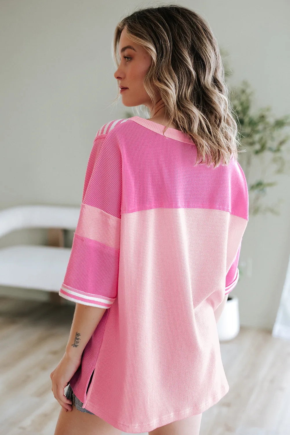 Pink Stripe Colour Block Patchwork Loose Half Sleeve T Shirt sold by Beagle Boutique product image thumbnail 2