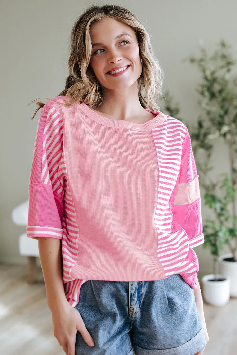 Pink Stripe Colour Block Patchwork Loose Half Sleeve T Shirt sold by Beagle Boutique product image thumbnail 5
