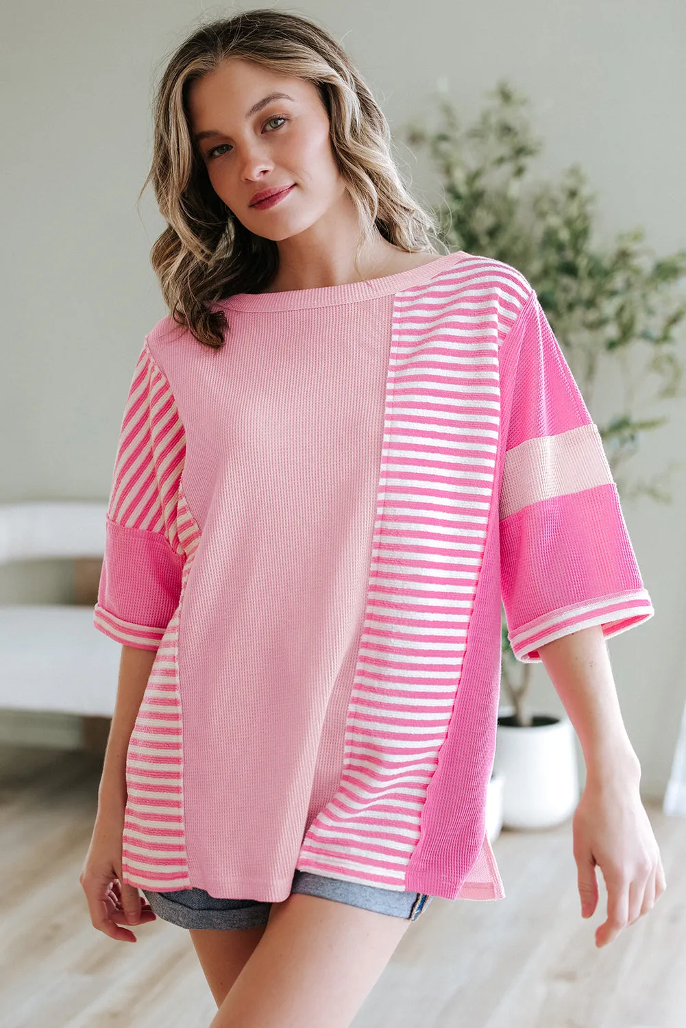 Pink Stripe Colour Block Patchwork Loose Half Sleeve T Shirt sold by Beagle Boutique