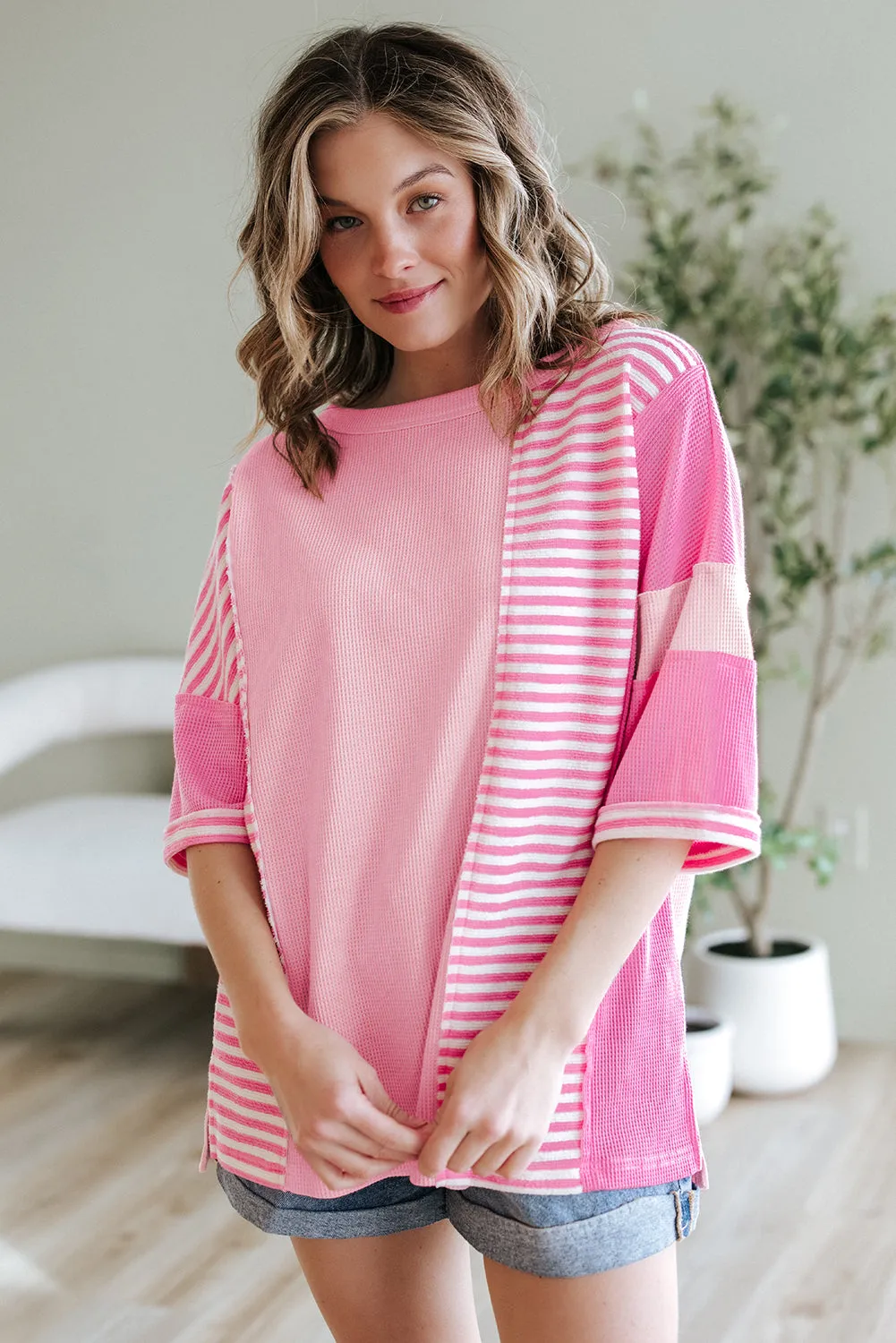 Pink Stripe Colour Block Patchwork Loose Half Sleeve T Shirt sold by Beagle Boutique product image thumbnail 3