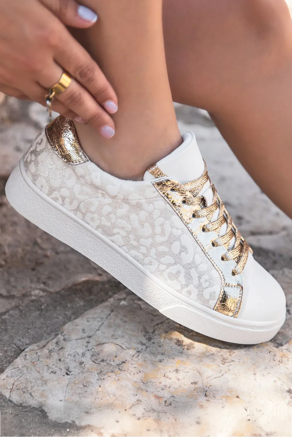 White Leopard Print Lace Up Sneaker sold by Beagle Boutique
