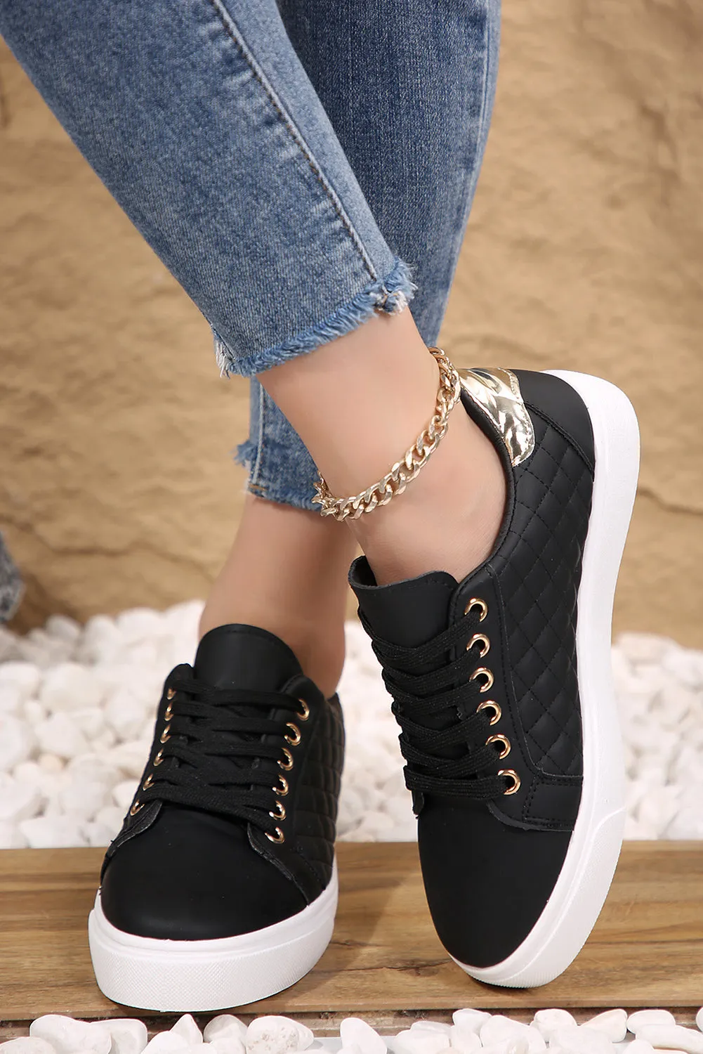Black Quilted Lack Up Sneakers sold by Beagle Boutique product image thumbnail 2