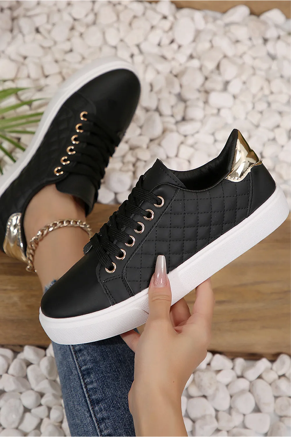 Black Quilted Lack Up Sneakers sold by Beagle Boutique