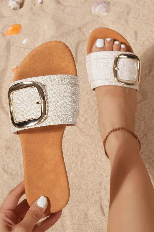 Beige One Band Metal Decor Sandals sold by Beagle Boutique