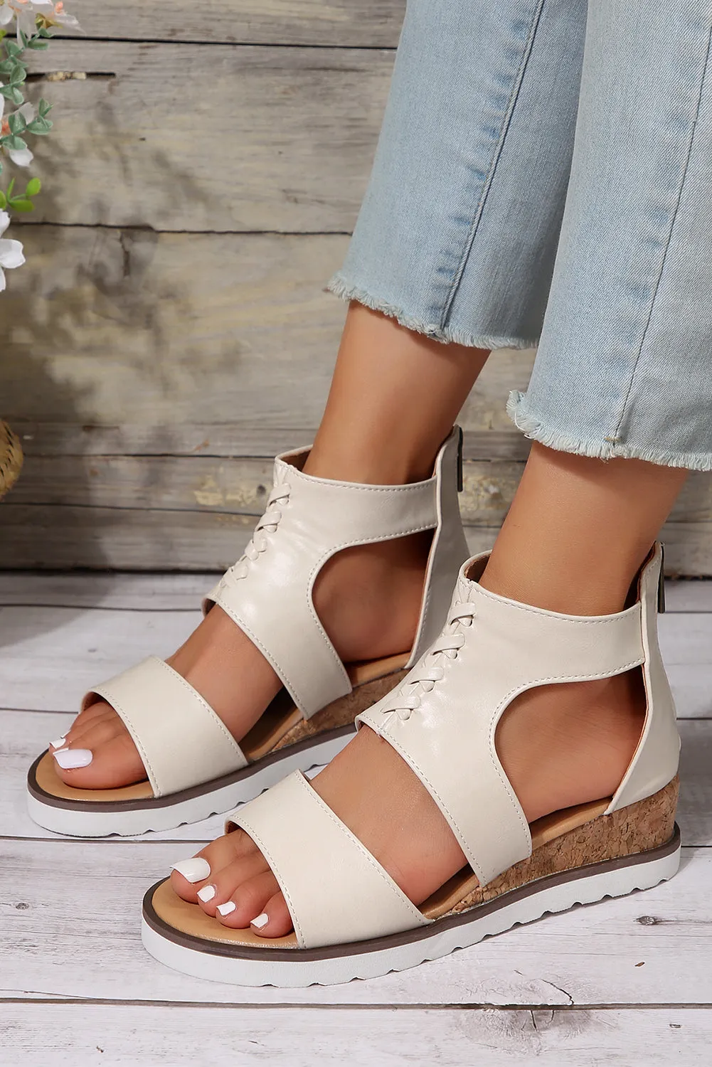 White Crisscross Detail Leather Wedge Gladiator Sandals sold by Beagle Boutique product image thumbnail 3