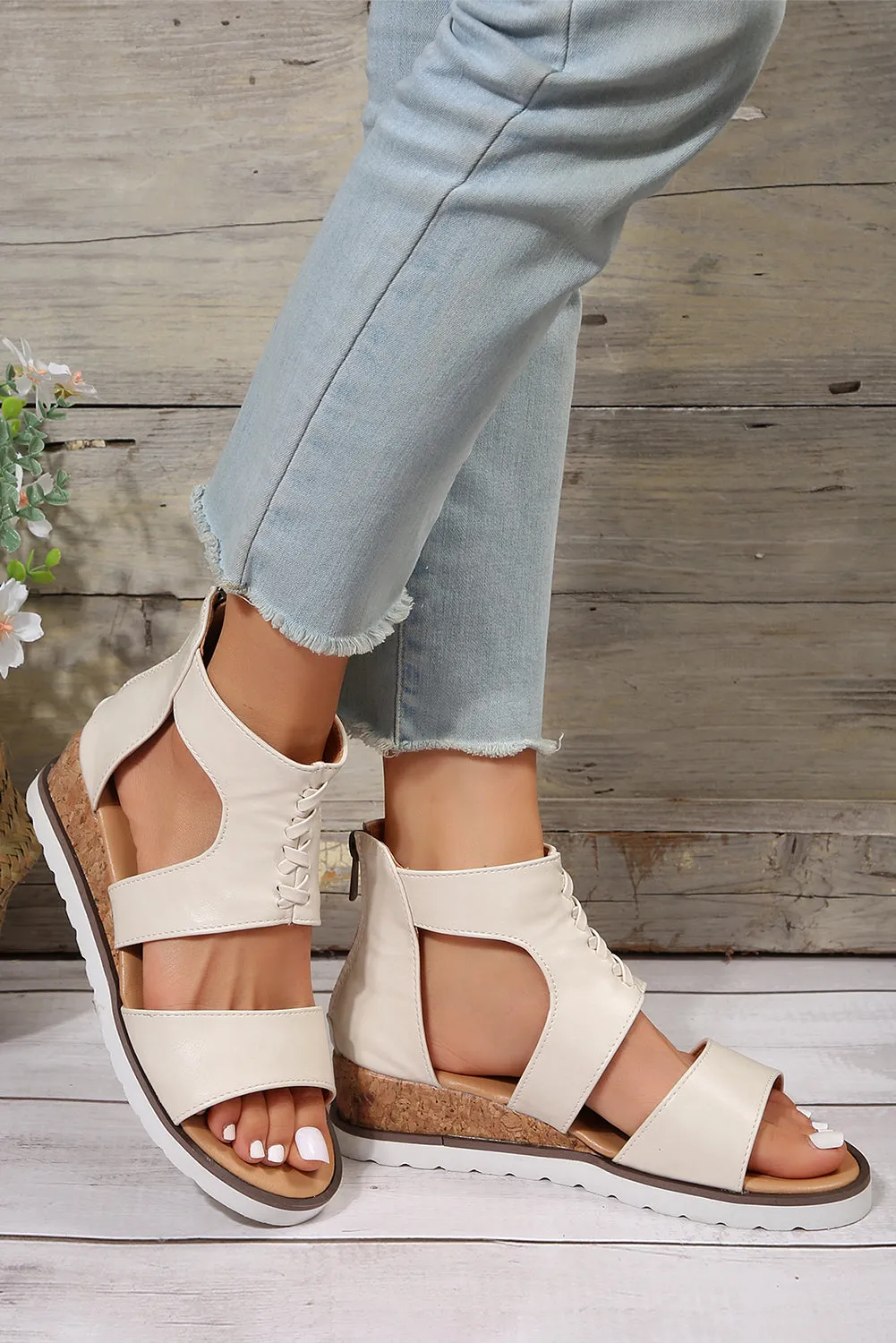 White Crisscross Detail Leather Wedge Gladiator Sandals sold by Beagle Boutique product image thumbnail 4