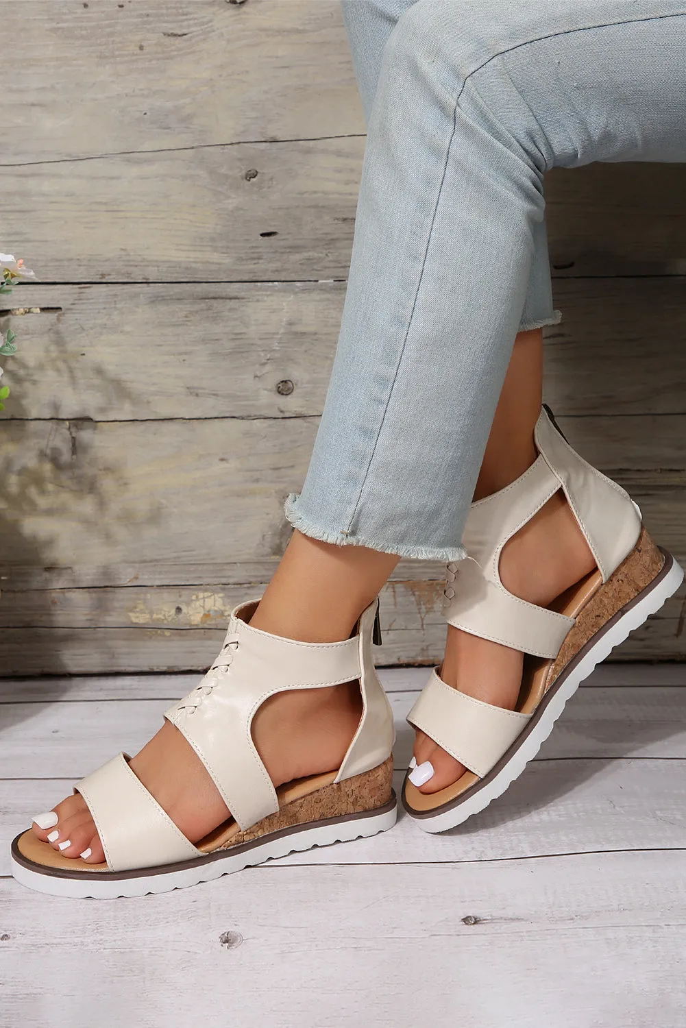 White Crisscross Detail Leather Wedge Gladiator Sandals sold by Beagle Boutique product image thumbnail 5