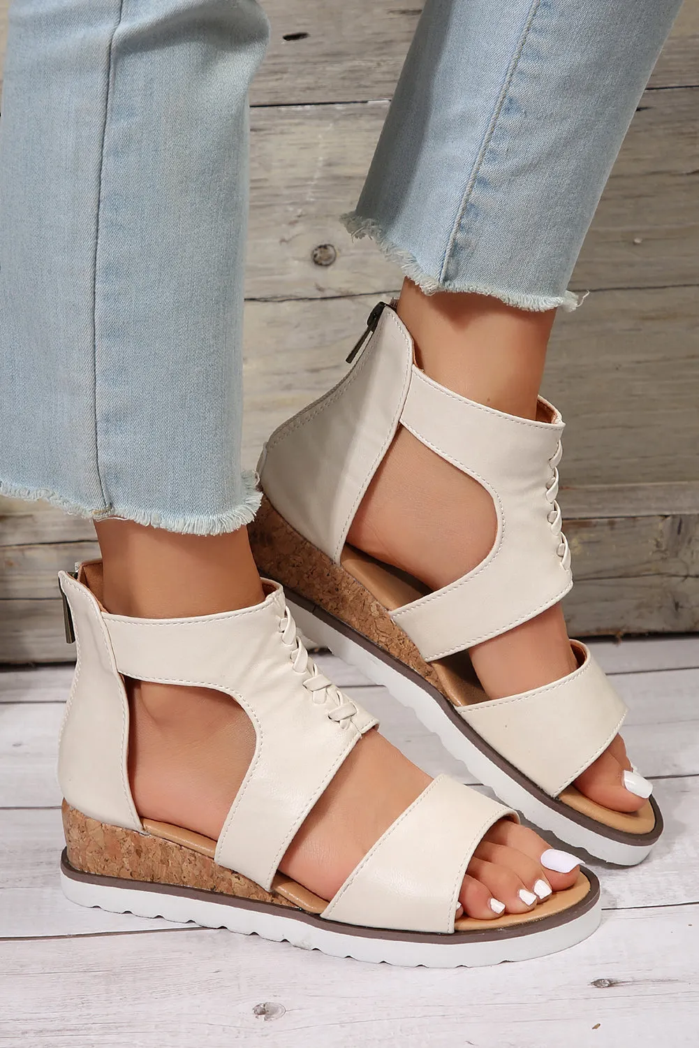 White Crisscross Detail Leather Wedge Gladiator Sandals sold by Beagle Boutique product image thumbnail 2