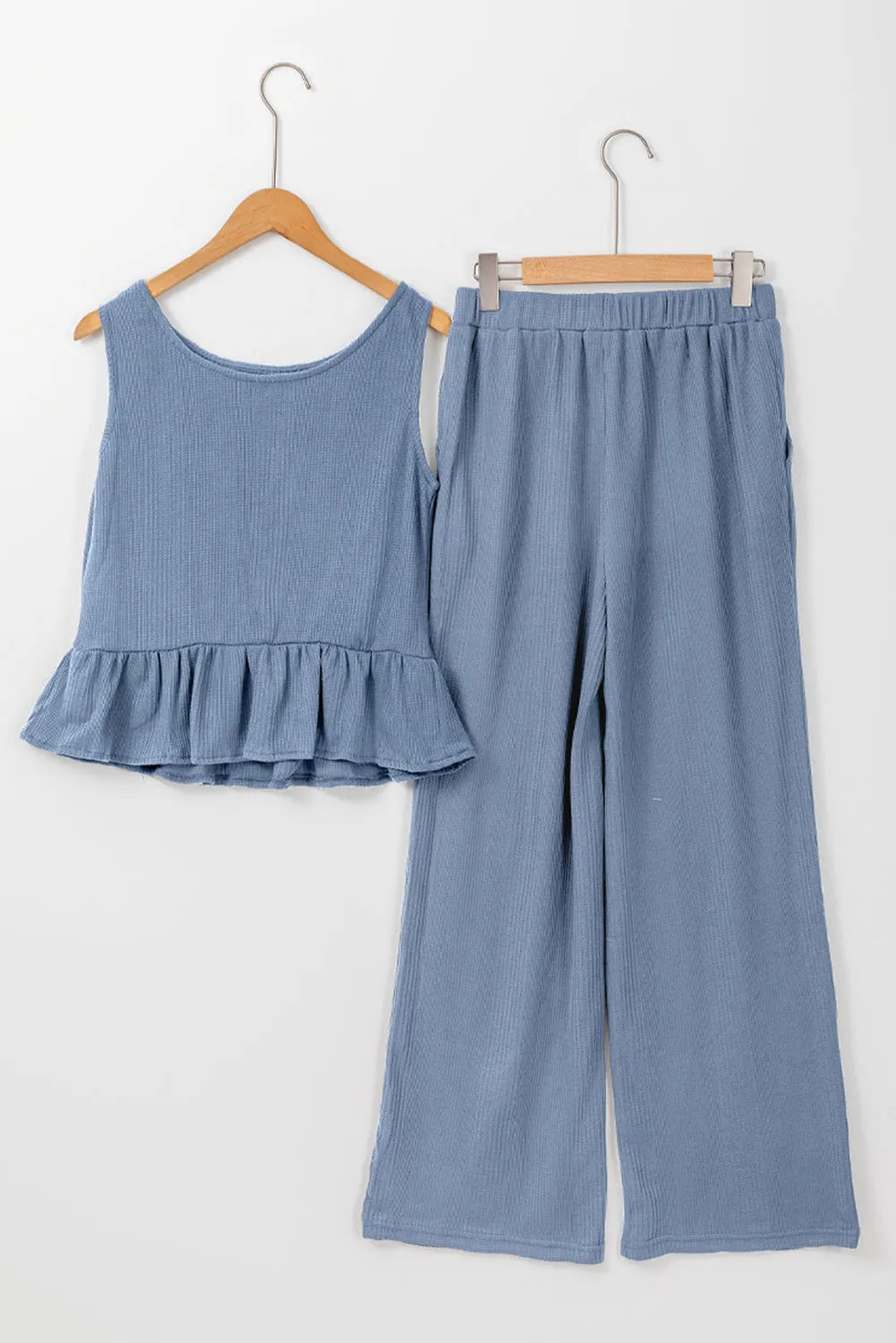 Beau Blue Ribbed Ruffle Tank Top and Trousers Set sold by Beagle Boutique product image thumbnail 4