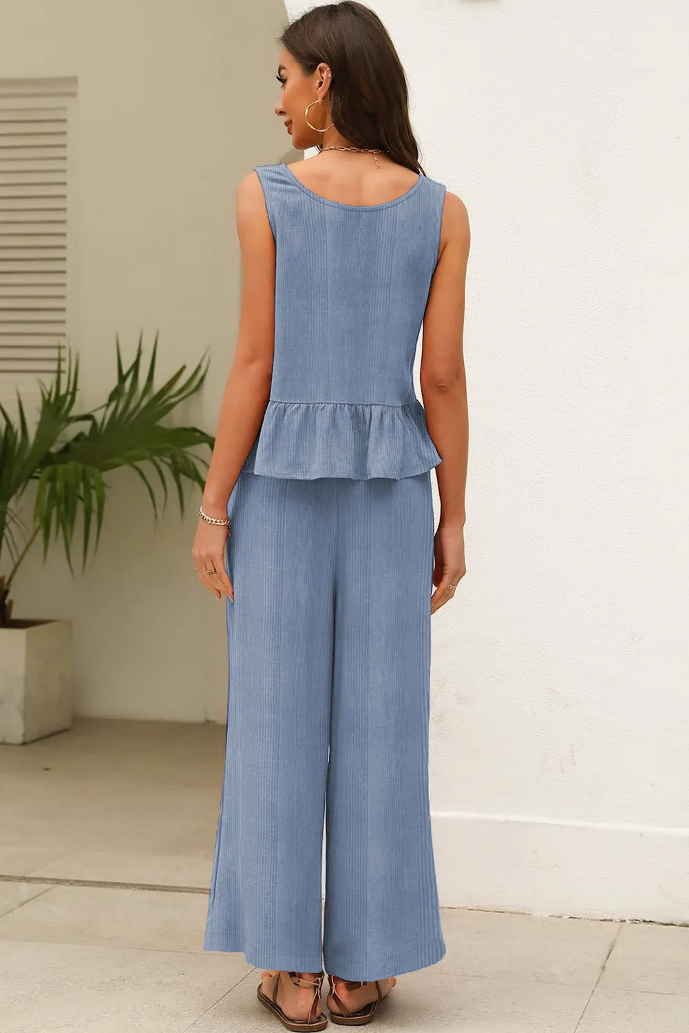 Beau Blue Ribbed Ruffle Tank Top and Trousers Set sold by Beagle Boutique product image thumbnail 2