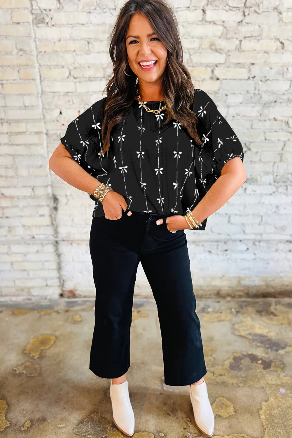 Black Bow Print Puff Short Sleeve Top sold by Beagle Boutique product image thumbnail 2