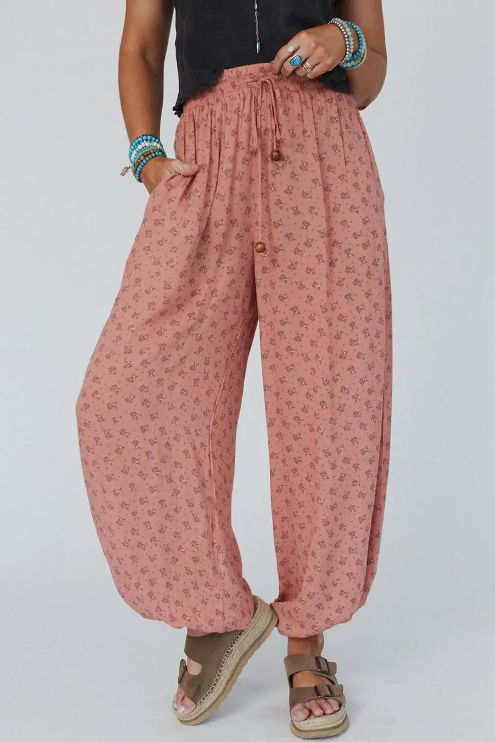 Pink Boho Floral Printed Wide Leg Jogger sold by Beagle Boutique product image thumbnail 3