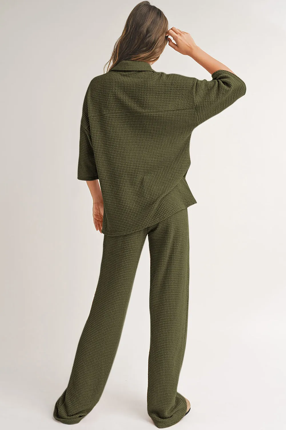 Four Leaf Clover Solid Colour Textured Buttoned Shirt and Casual Trousers Set sold by Beagle Boutique product image thumbnail 2