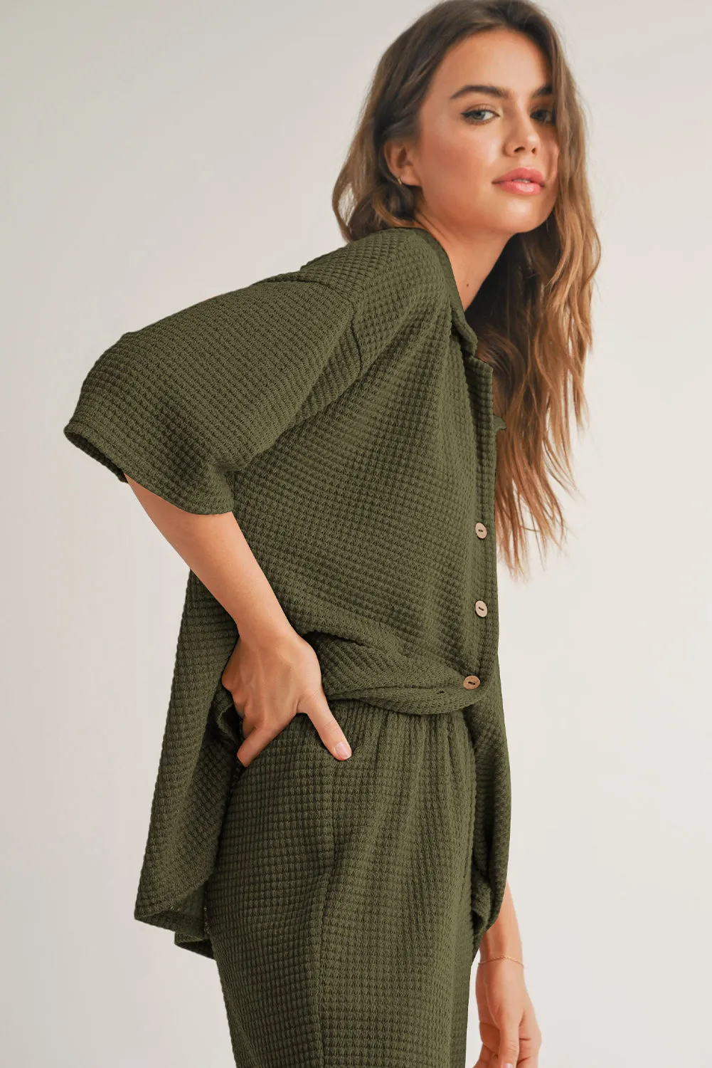 Four Leaf Clover Solid Colour Textured Buttoned Shirt and Casual Trousers Set sold by Beagle Boutique product image thumbnail 3