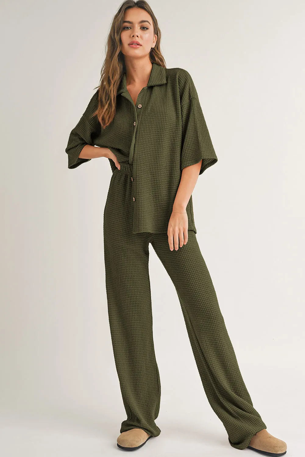 Four Leaf Clover Solid Colour Textured Buttoned Shirt and Casual Trousers Set sold by Beagle Boutique product image thumbnail 4
