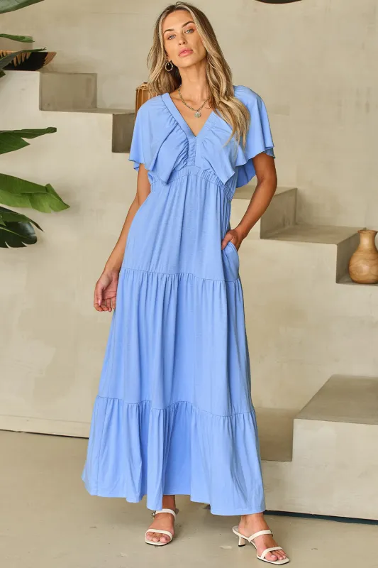 Sky Blue Textured V Neck Flutter Sleeve Ruffled Maxi Dress sold by Beagle Boutique