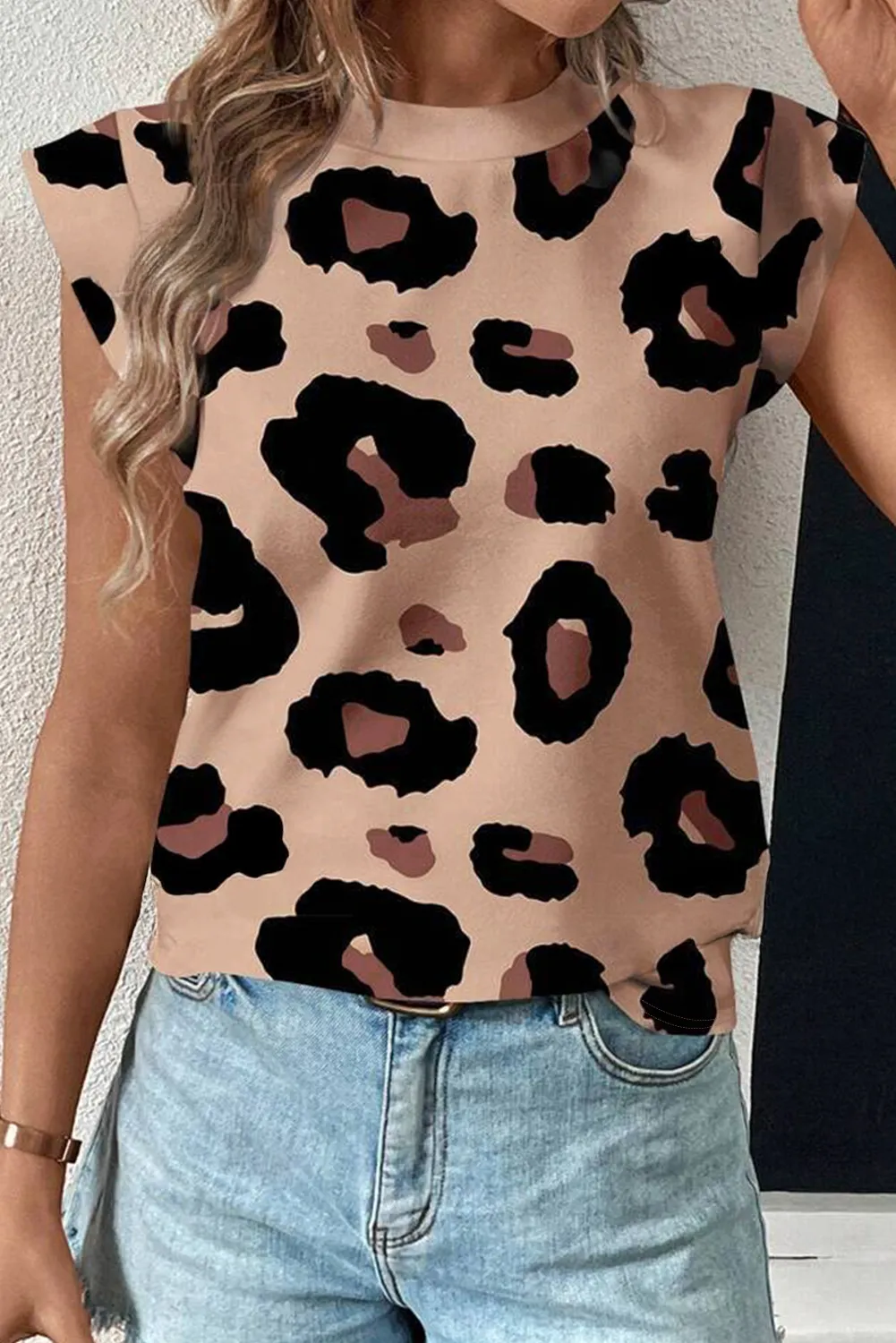 Khaki Leopard Crew Neck Cap Sleeve Casual Tee sold by Beagle Boutique product image thumbnail 3