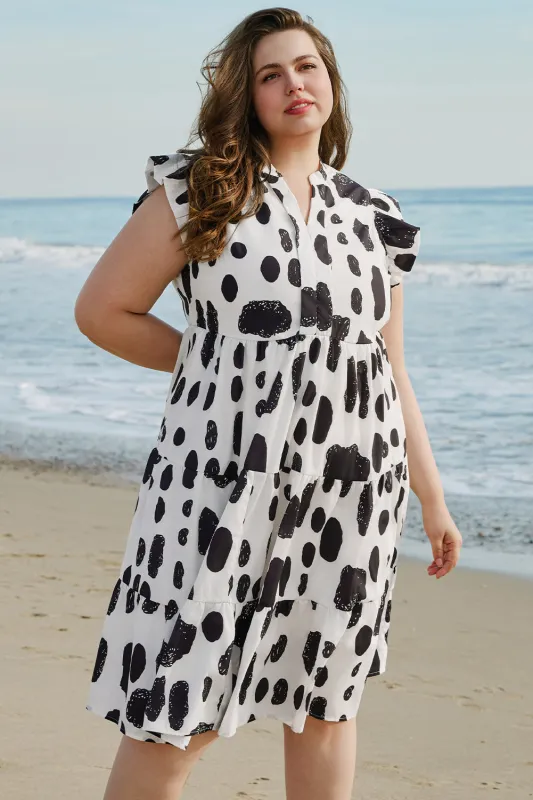 White Polka Dot Print Ruffled Sleeve Pocketed Plus Size Midi Dress sold by Beagle Boutique