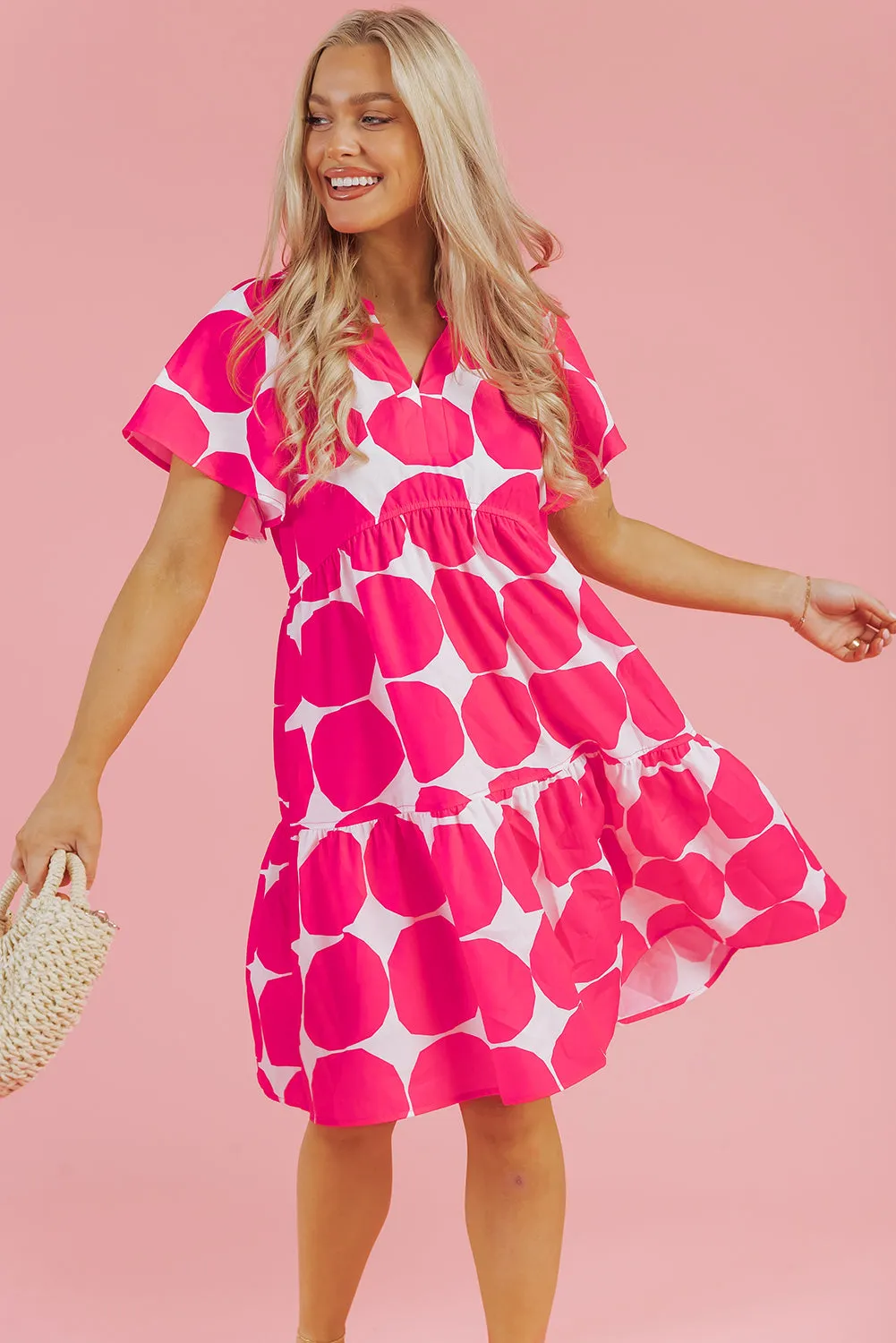 Rose Polka Dot Flutter Sleeve Notched Neck Tiered Flowy Dress sold by Beagle Boutique product image thumbnail 4
