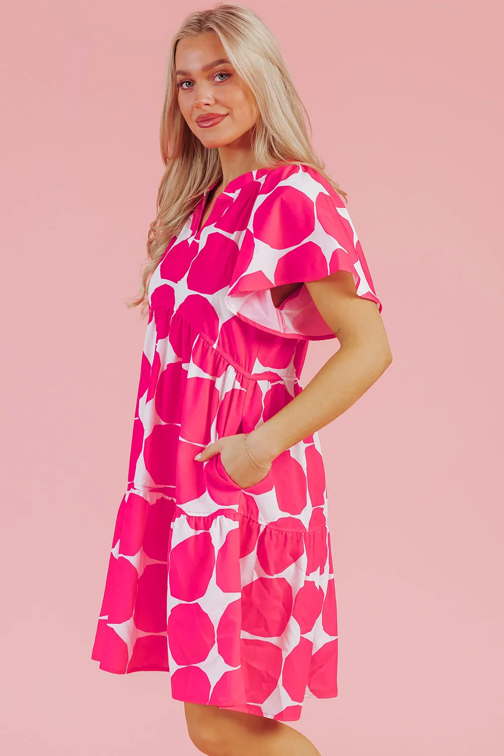 Rose Polka Dot Flutter Sleeve Notched Neck Tiered Flowy Dress sold by Beagle Boutique product image thumbnail 3