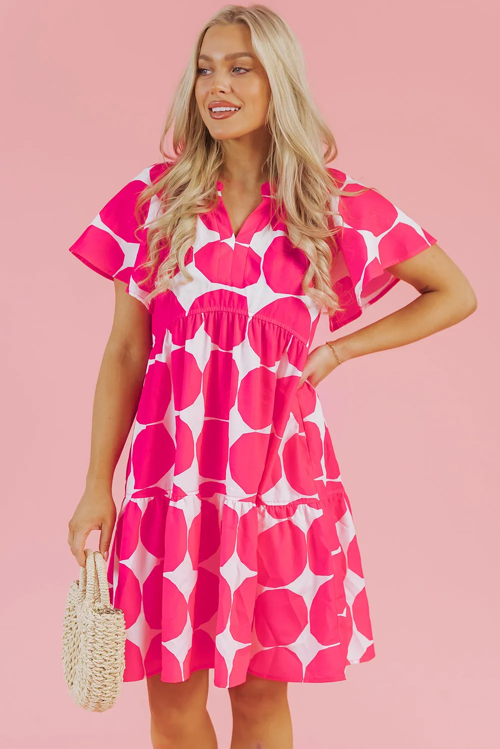 Rose Polka Dot Flutter Sleeve Notched Neck Tiered Flowy Dress sold by Beagle Boutique