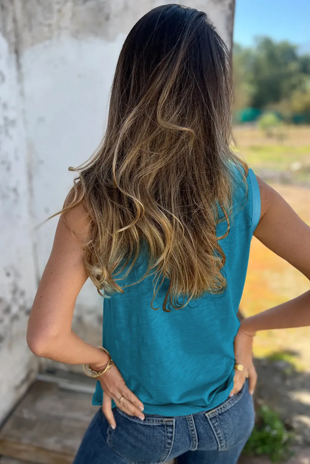 Peacock Blue Metallic Sheen Edge Scoop Neck Tank Top sold by Beagle Boutique product image thumbnail 2