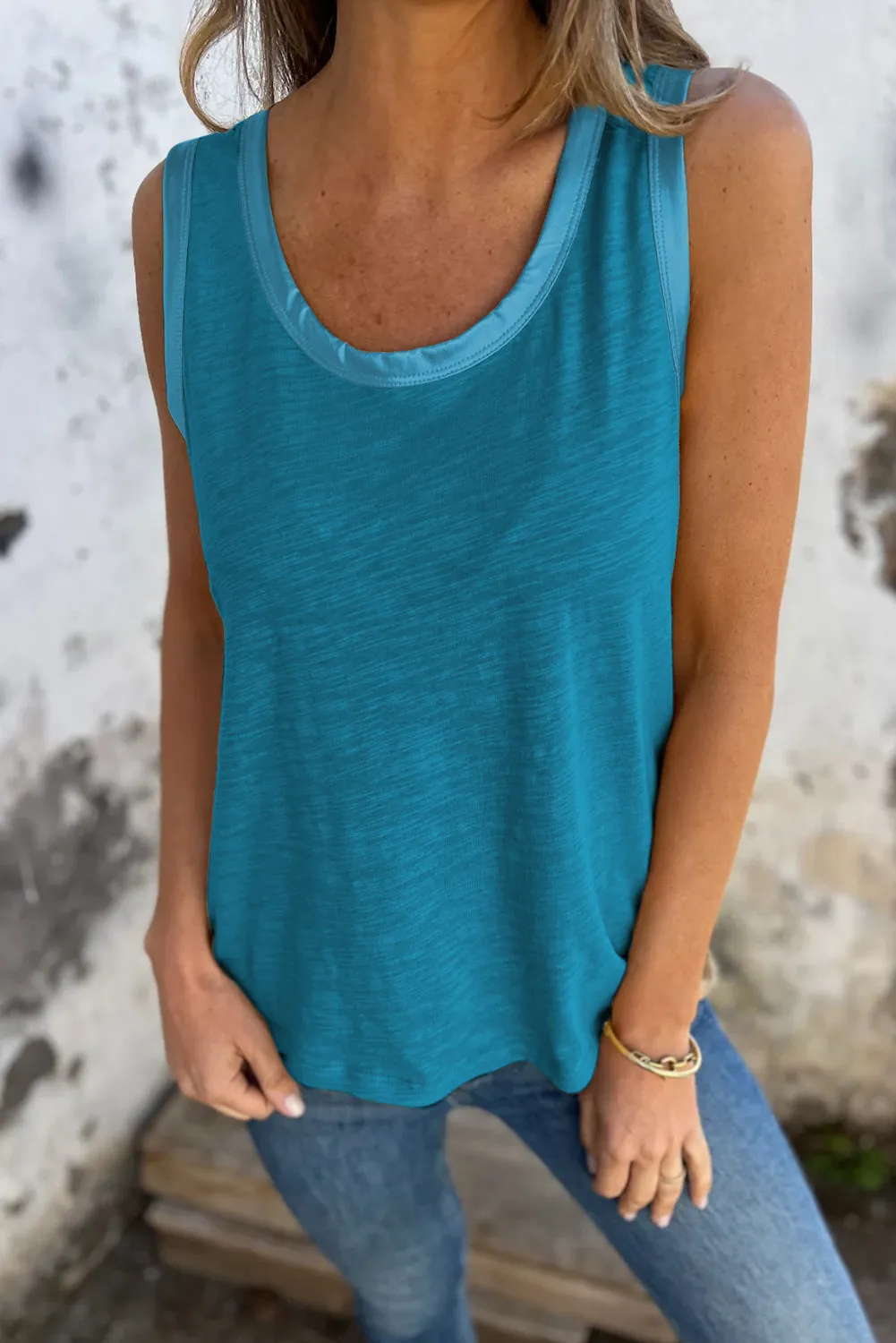 Peacock Blue Metallic Sheen Edge Scoop Neck Tank Top sold by Beagle Boutique product image thumbnail 3