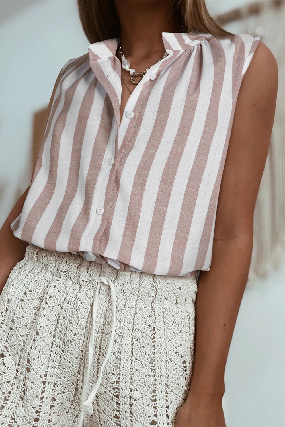 Khaki Stripe Casual Button Down Sleeveless Shirt sold by Beagle Boutique product image thumbnail 3