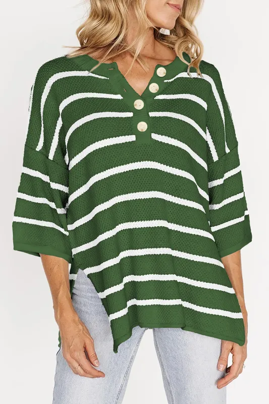 Green Stripe Henley Buttoned Placket Drop Shoulder Bracelet Sleeve Knit Sweater Tee sold by Beagle Boutique