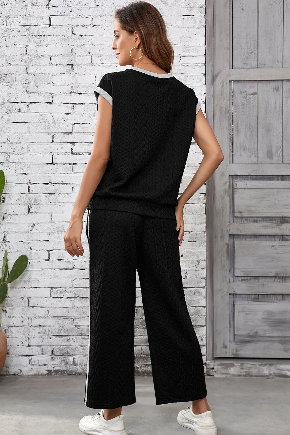 Black Cable Knit Contrast Trim Short Sleeve Top and Trousers Set sold by Beagle Boutique product image thumbnail 2