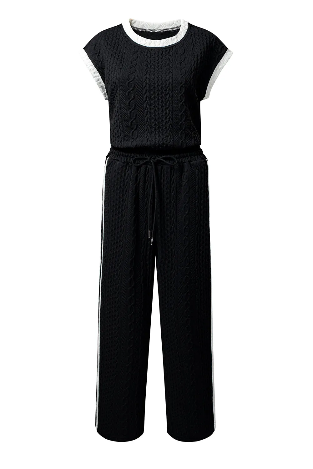 Black Cable Knit Contrast Trim Short Sleeve Top and Trousers Set sold by Beagle Boutique product image thumbnail 5