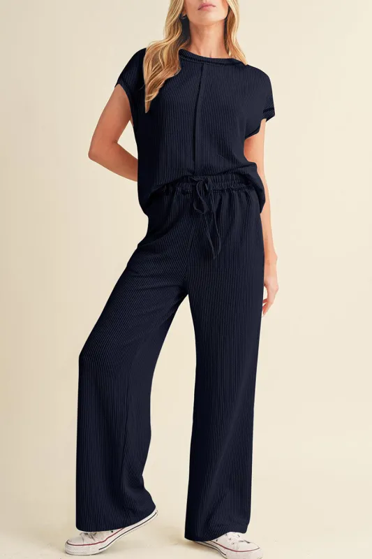 Navy Blue Solid Co-ord Short Sleeve Top and Casual Pants Set sold by Beagle Boutique