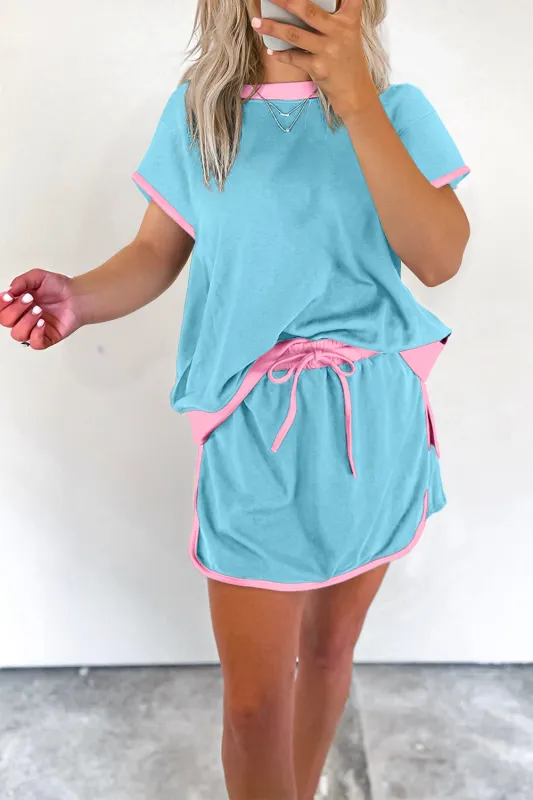 Turquoise Colorblock Edge Drop Shoulder T Shirt and Skirt Co-ord sold by Beagle Boutique