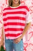 Pink Stripe Patchwork Round Neck Side Split Loose T Shirt sold by Beagle Boutique