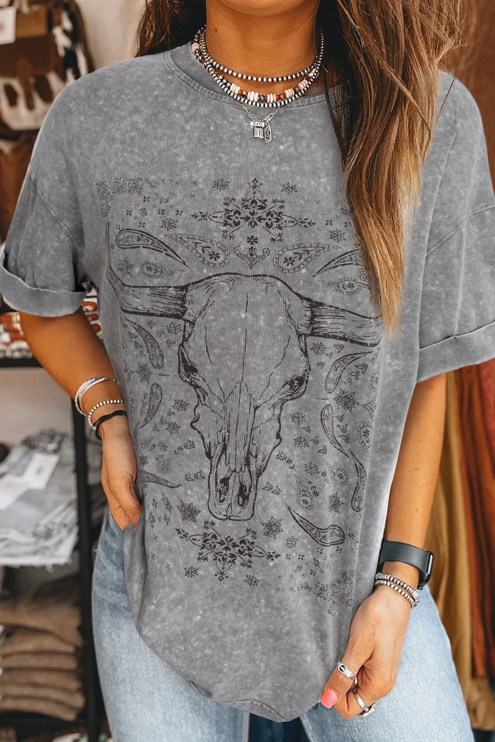 Light Grey Western Steer Head Tie Dye Print Crew Neck T Shirt sold by Beagle Boutique product image thumbnail 3