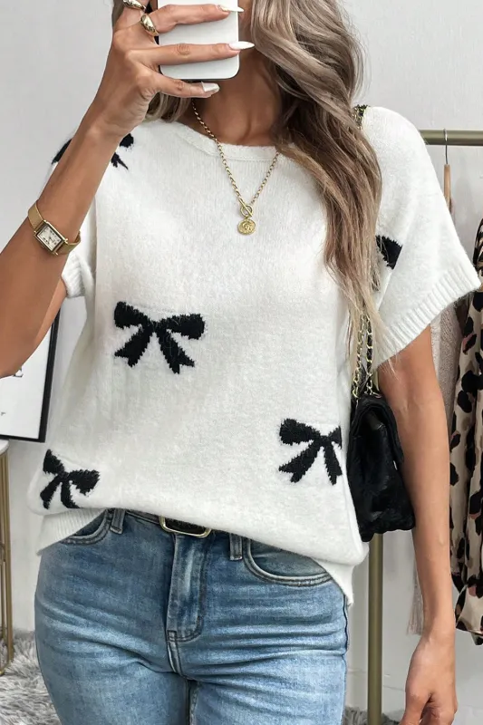 Bow Pattern Knit Short Sleeve White Sweater sold by Beagle Boutique