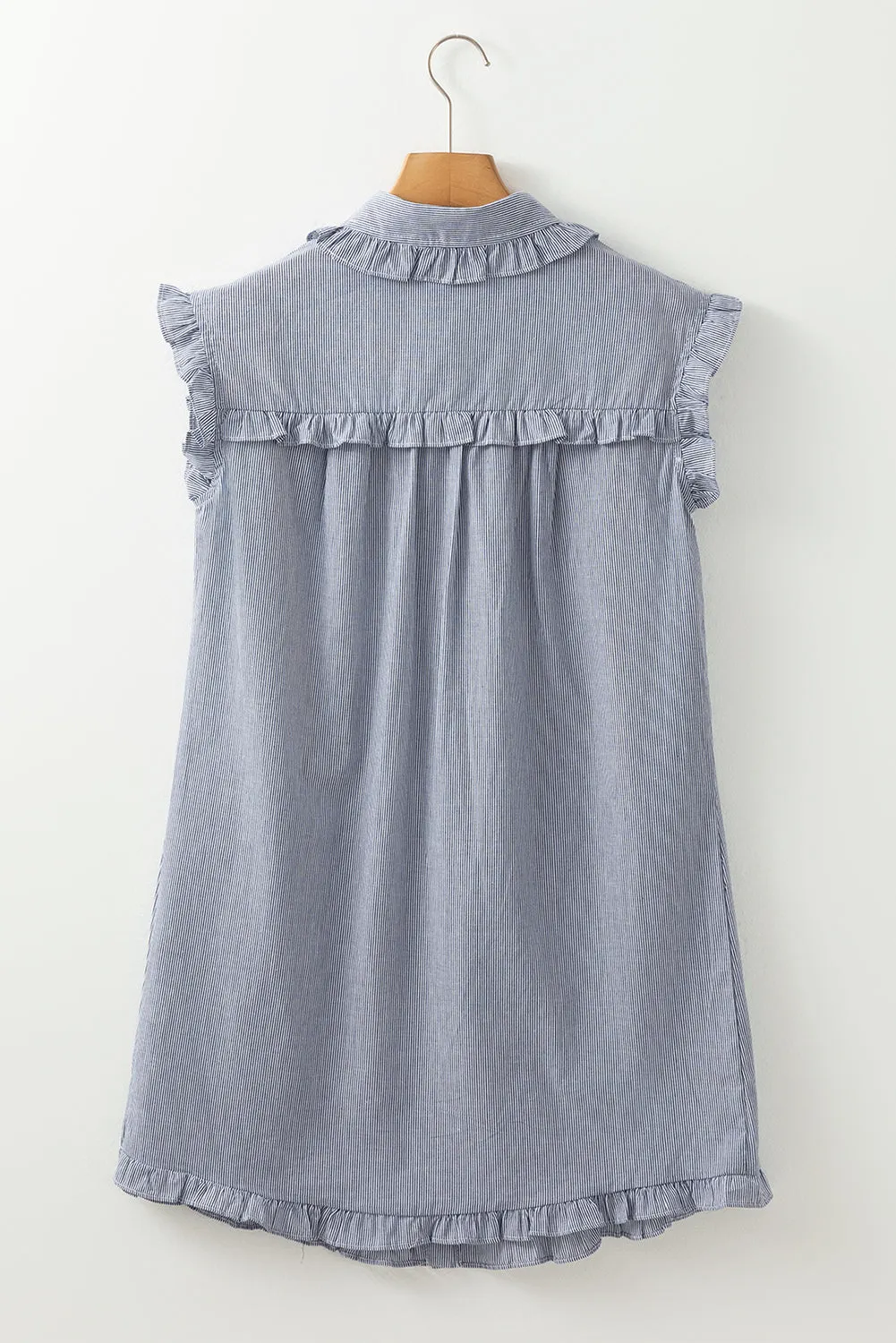 Blue Stripe Frilled Sleeveless Collar Front Pocket Button Up Mini Dress sold by Beagle Boutique product image thumbnail 5