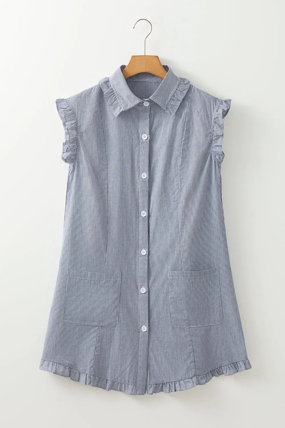 Blue Stripe Frilled Sleeveless Collar Front Pocket Button Up Mini Dress sold by Beagle Boutique product image thumbnail 4