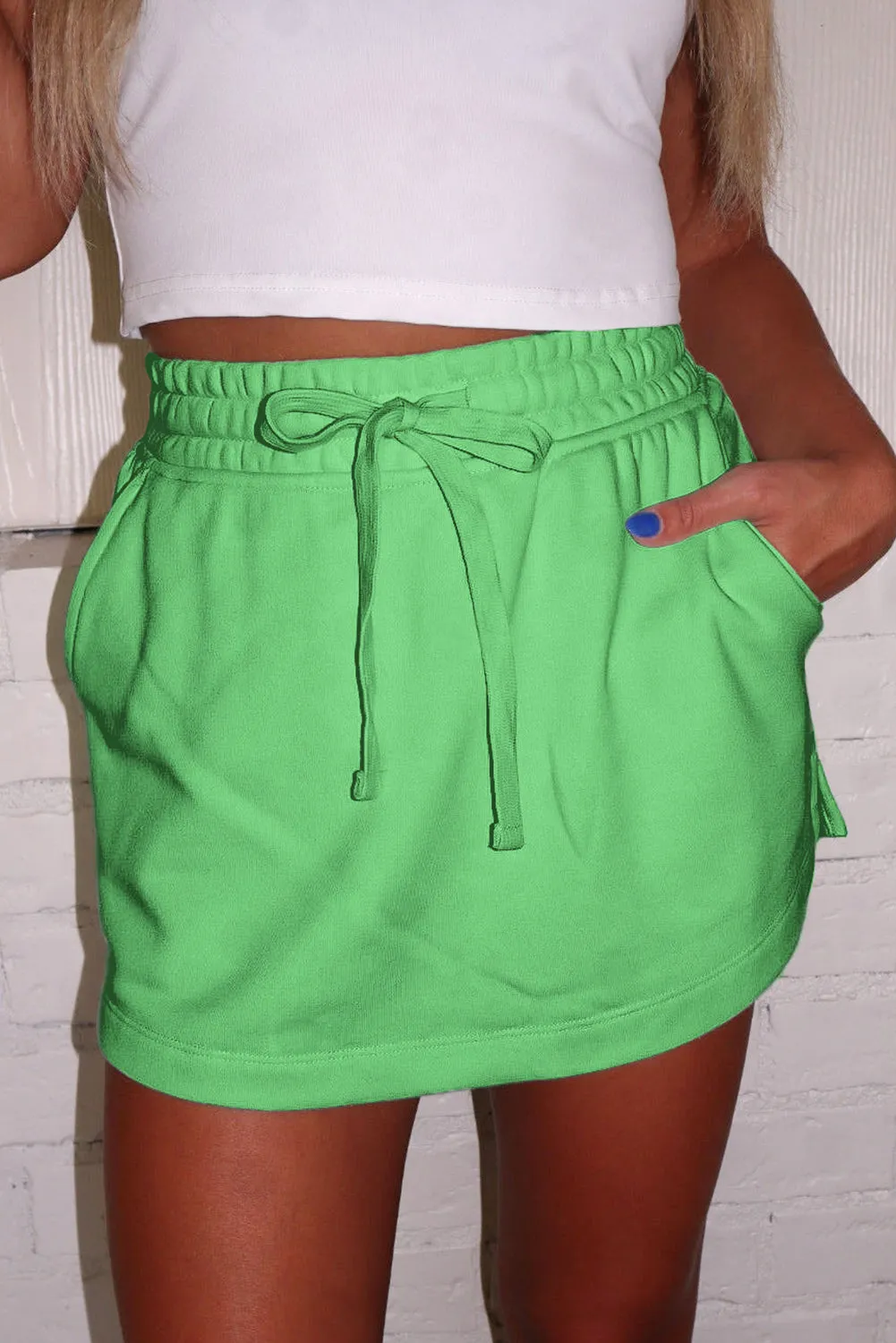 Light Green French Terry Drawstring Mini Skort with Pockets sold by Beagle Boutique product image thumbnail 3
