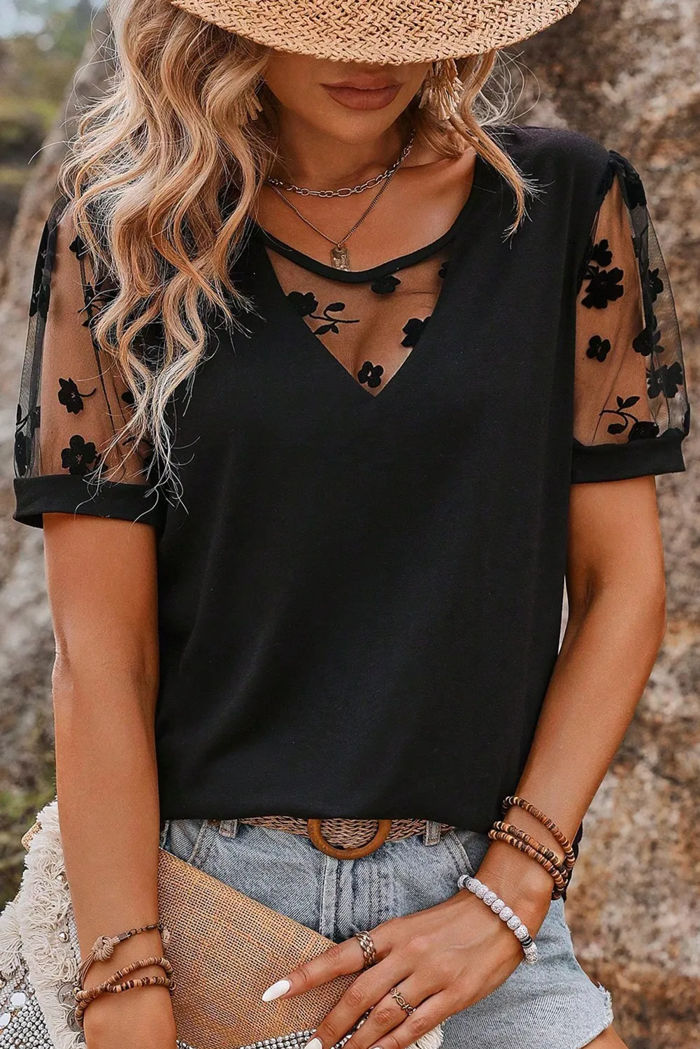 Black Flora Lace Patchwork Crew Neck T Shirt sold by Beagle Boutique product image thumbnail 3