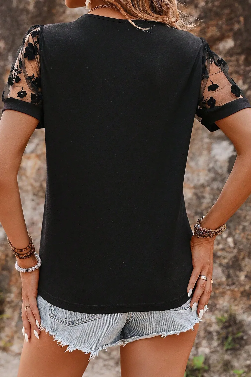 Black Flora Lace Patchwork Crew Neck T Shirt sold by Beagle Boutique product image thumbnail 2